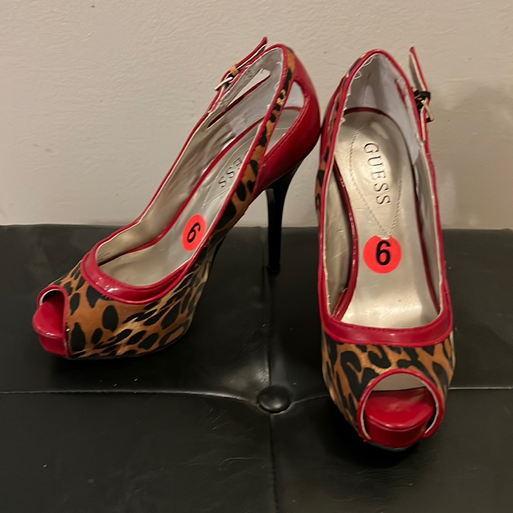 Guess Red Leopard Platform Pumps with Little Buckle